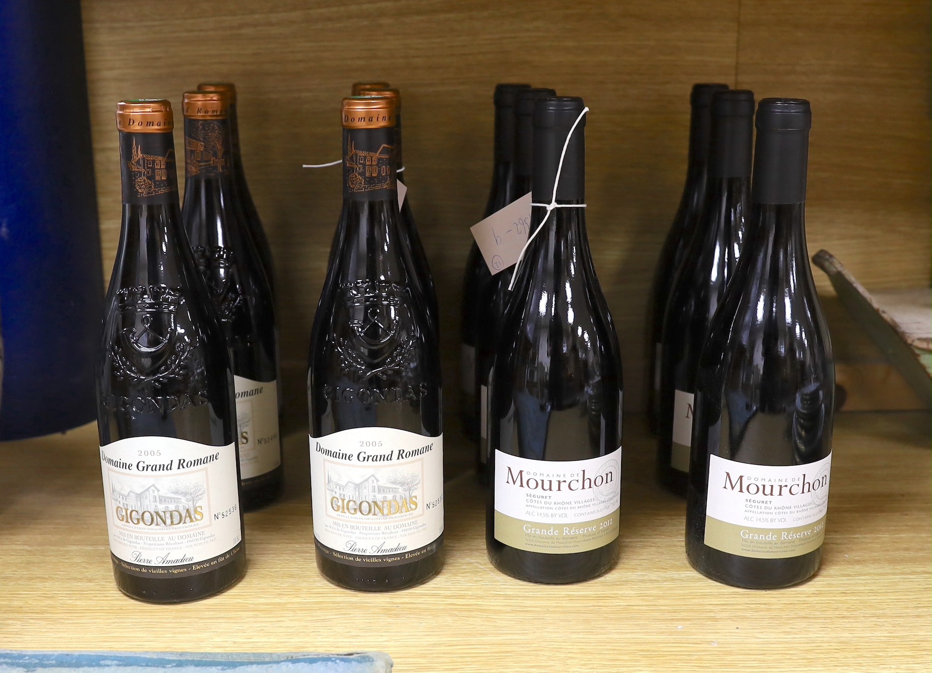 Six bottles of Domaine Mourchon Cotes du Rhone Villages Seguret Grande Reserve, 2012 and six bottles of Pierre Amadieu Domaine Grande Romaine Prestige - Gigondas OCC, 2005